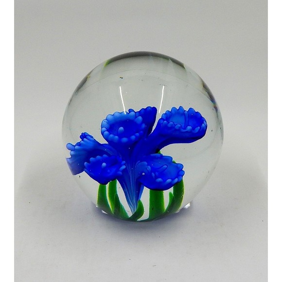 Dynasty Gallery Heirloom Collectibles Blue Flower Hand Blown Glass Paperweight - Picture 4 of 7